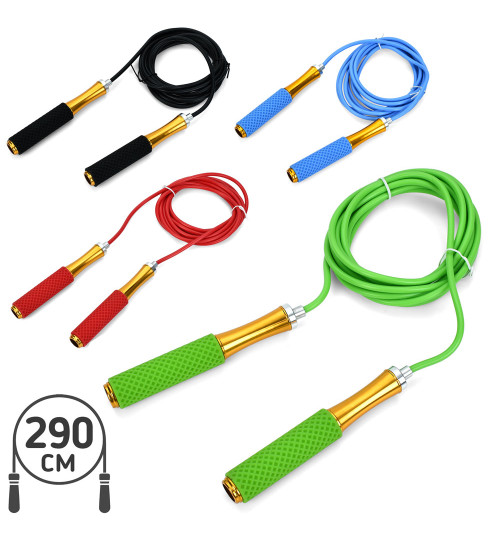 Скакалка MS 4615 (12шт) 290см, ПВХ, ручка - резина+метал, підшипник, 4 кольори, у пакеті, 11-19-3см