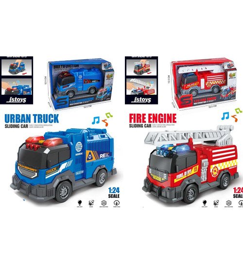 Пожежна машина JS230A-31 (36шт) 1:24, 15см, звук, світло, гумові колеса, рухливі деталі, 2види(сміт