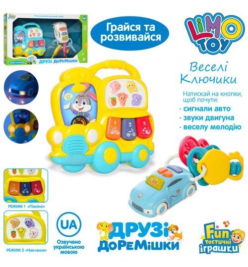 Набір ігровий FT 0027 (24шт) піаніно, машинка, брелок, муз, зв (укр.стіхі), світло, 2 кол, бат, в кор, 34-21-7см